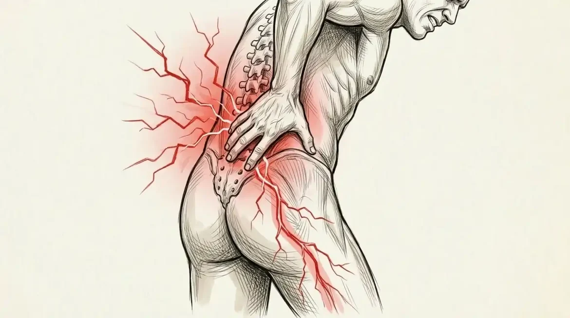 Illustration of sciatic pain spreading from the lower back through the buttock and down the leg