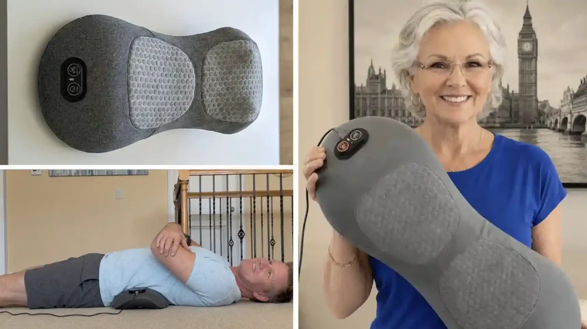 Orevive SpineEase from above, in use while lying on the floor, and held up to show its two massage pads